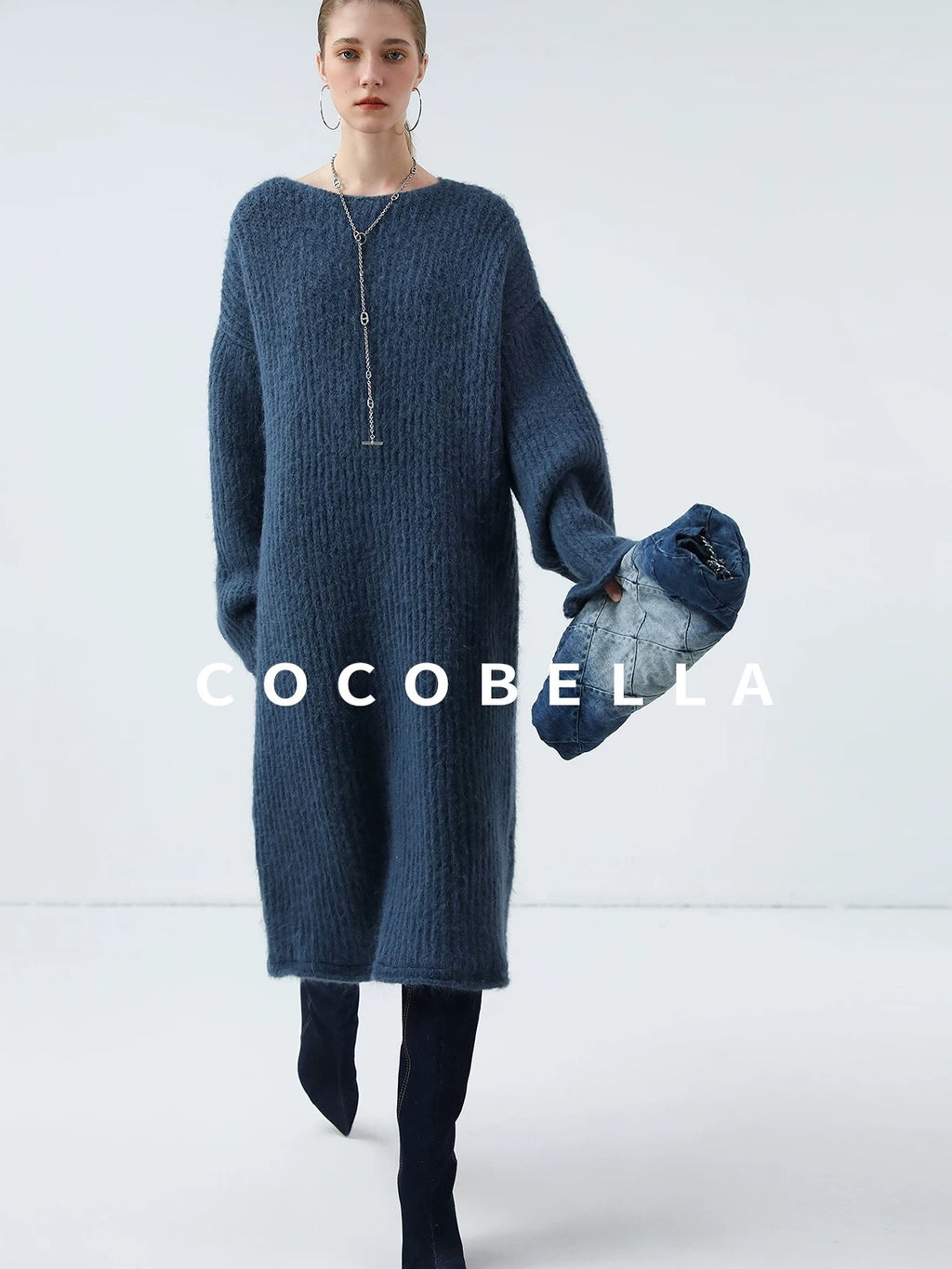 COCOBELLA Cozy Alpaca Blend Knit Vintage Boatneck H Fit Rolled Hem Long Sleeve Dresses