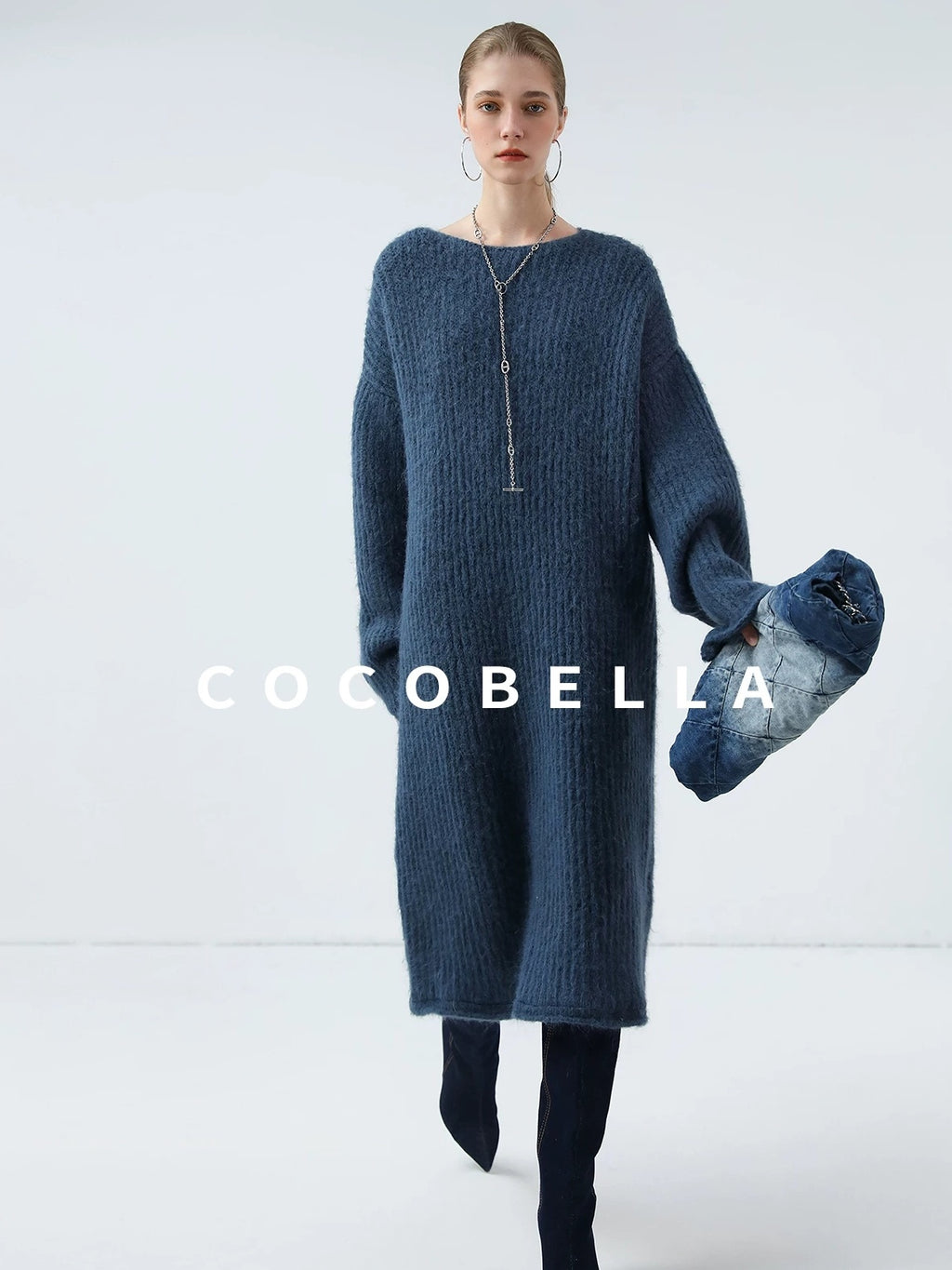 COCOBELLA Cozy Alpaca Blend Knit Vintage Boatneck H Fit Rolled Hem Long Sleeve Dresses