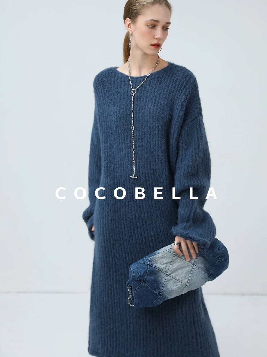 COCOBELLA Cozy Alpaca Blend Knit Vintage Boatneck H Fit Rolled Hem Long Sleeve Dresses