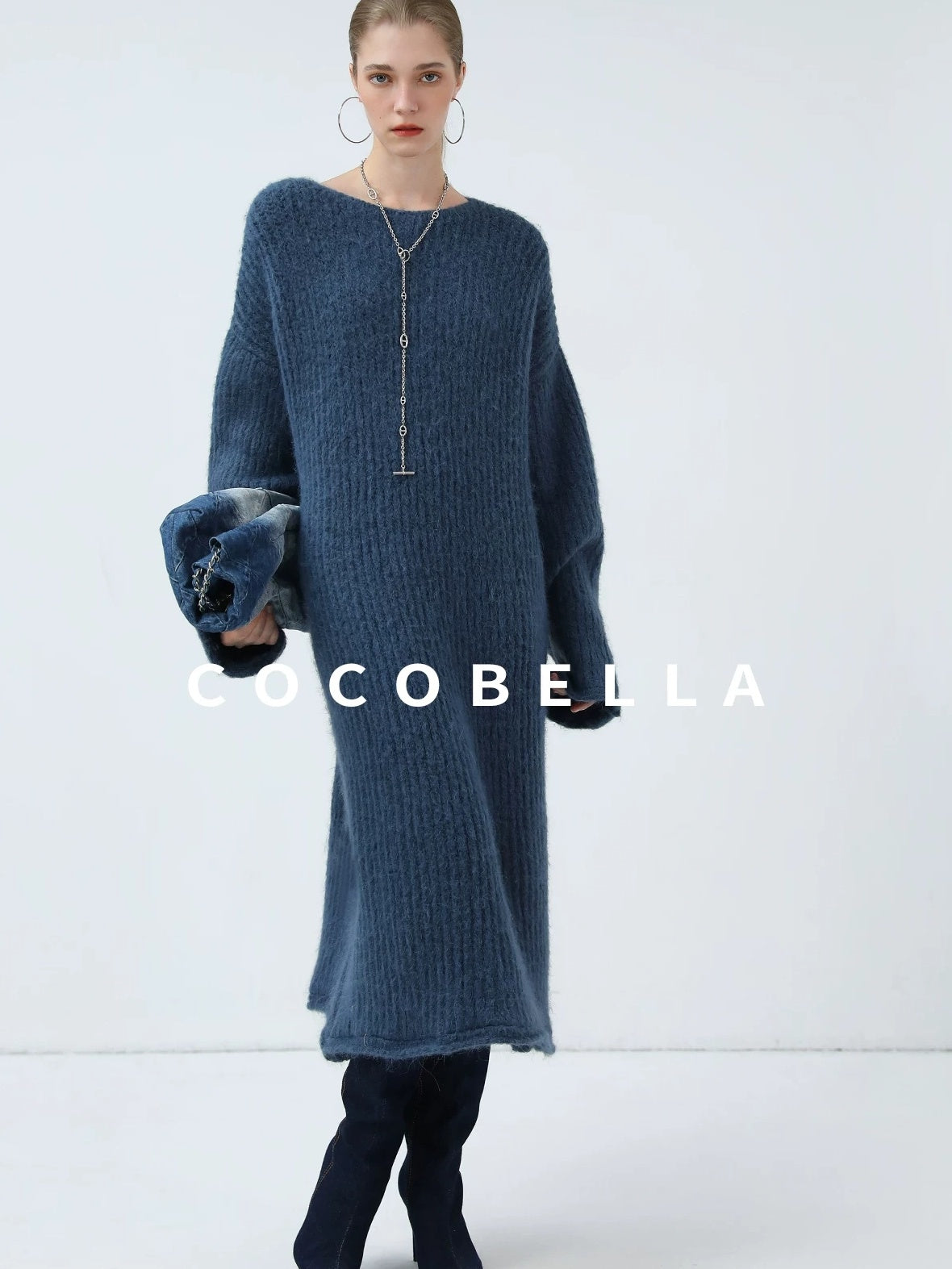 COCOBELLA Cozy Alpaca Blend Knit Vintage Boatneck H Fit Rolled Hem Long Sleeve Dresses