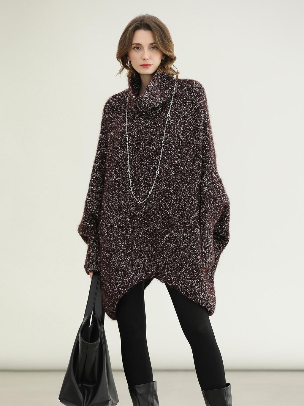 COCOBELLA Cozy High Neck Thick Knit Pullover Loose Batwing Office Midi Multicolor Dresses