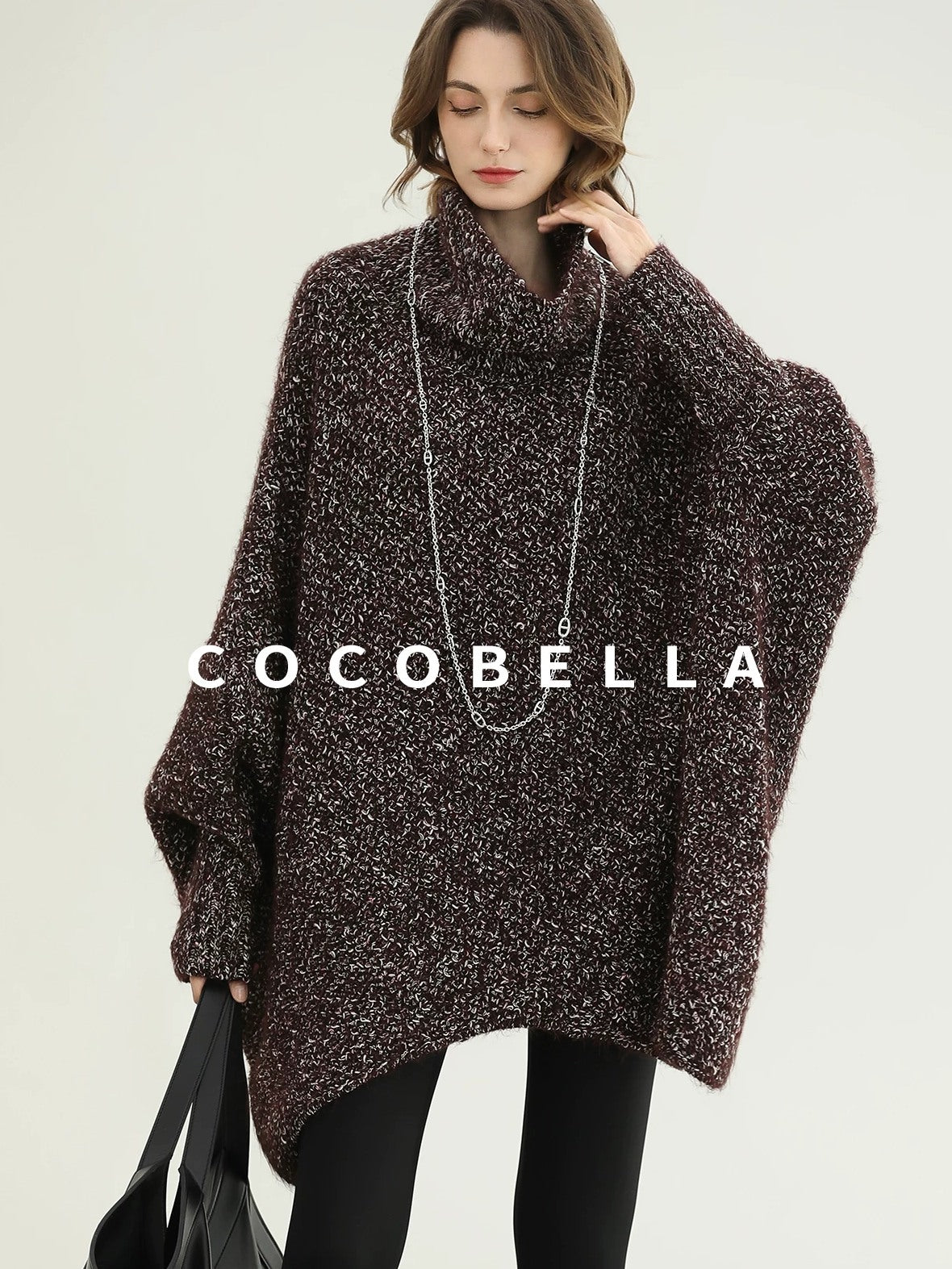 COCOBELLA Cozy High Neck Thick Knit Pullover Loose Batwing Office Midi Multicolor Dresses
