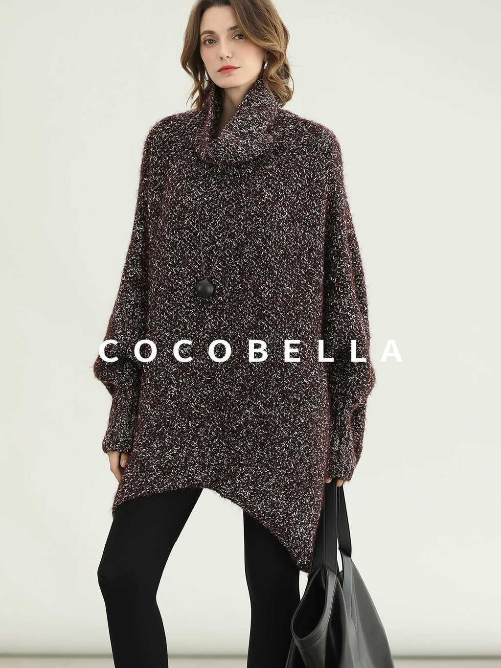 COCOBELLA Cozy High Neck Thick Knit Pullover Loose Batwing Office Midi Multicolor Dresses