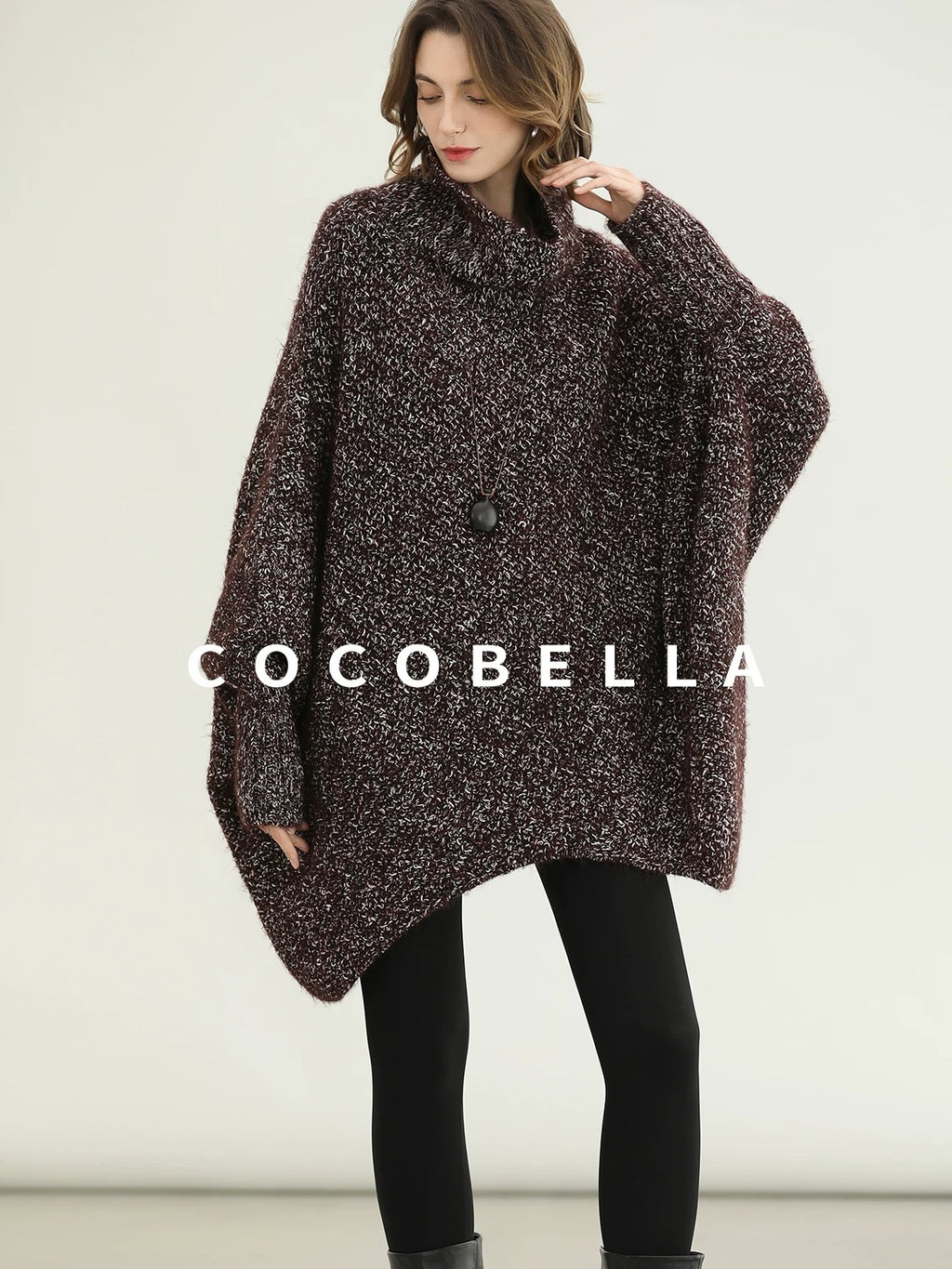 COCOBELLA Cozy High Neck Thick Knit Pullover Loose Batwing Office Midi Multicolor Dresses