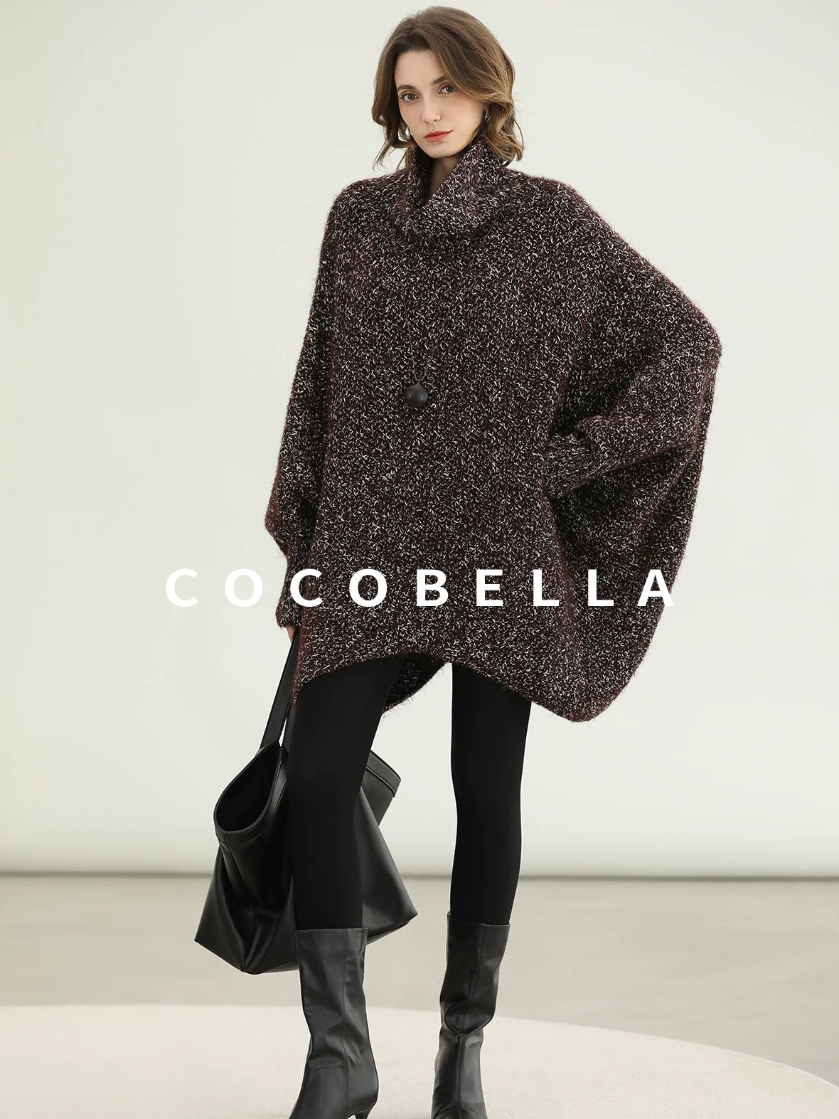 COCOBELLA Cozy High Neck Thick Knit Pullover Loose Batwing Office Midi Multicolor Dresses