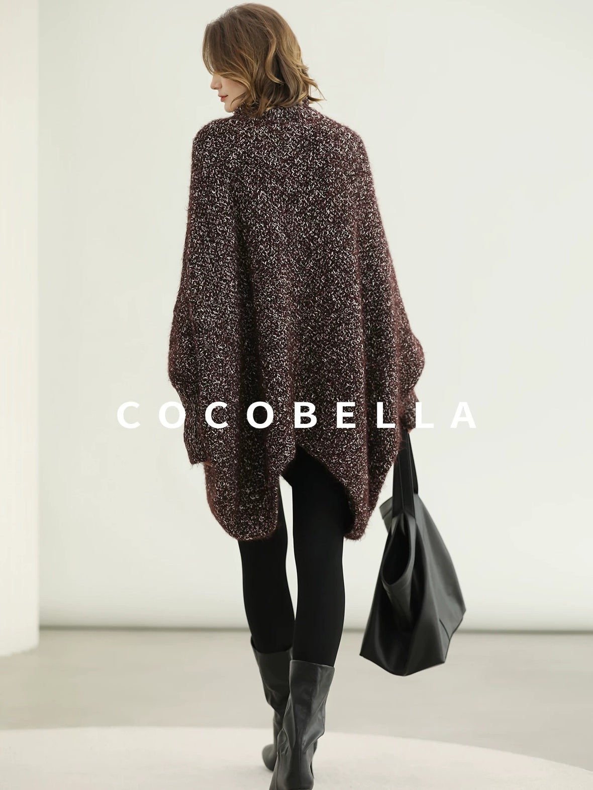 COCOBELLA Cozy High Neck Thick Knit Pullover Loose Batwing Office Midi Multicolor Dresses