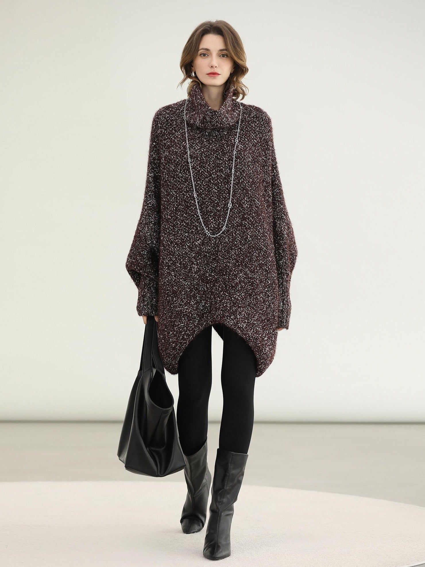 COCOBELLA Cozy High Neck Thick Knit Pullover Loose Batwing Office Midi Multicolor Dresses