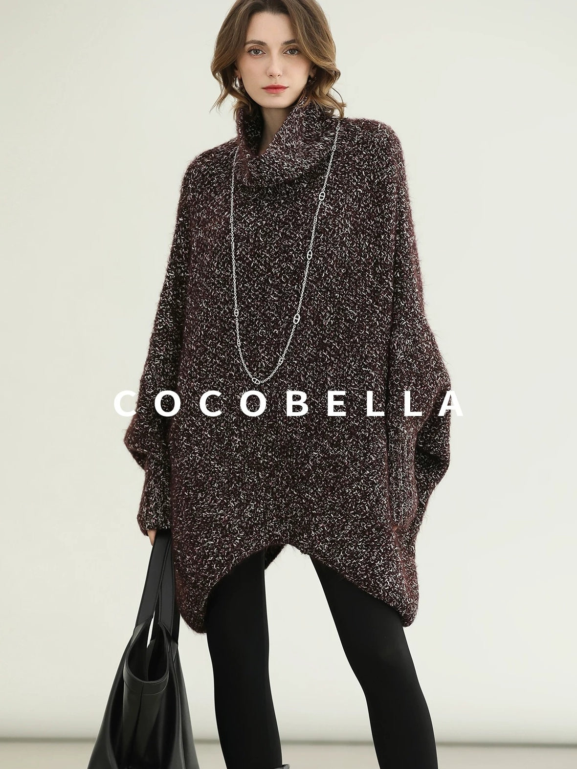 COCOBELLA Cozy High Neck Thick Knit Pullover Loose Batwing Office Midi Multicolor Dresses