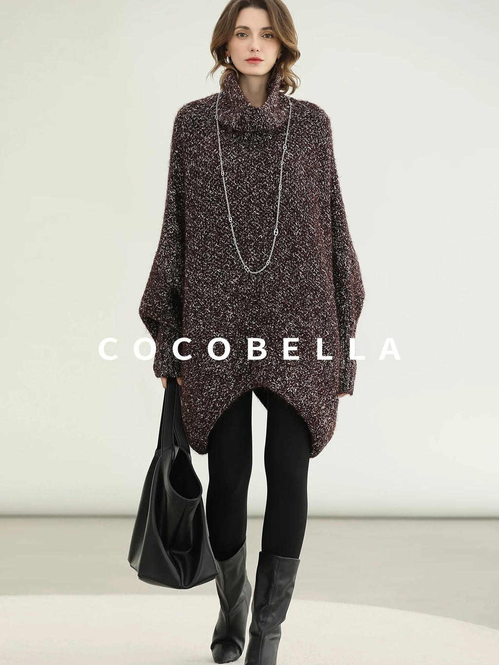COCOBELLA Cozy High Neck Thick Knit Pullover Loose Batwing Office Midi Multicolor Dresses