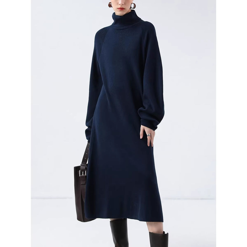 COCOBELLA_Cozy_Knit_Office_H_Lantern_Sleeve_High_Neck_Loose_Waist_Midnight_Blue_Dresses_MISSTT