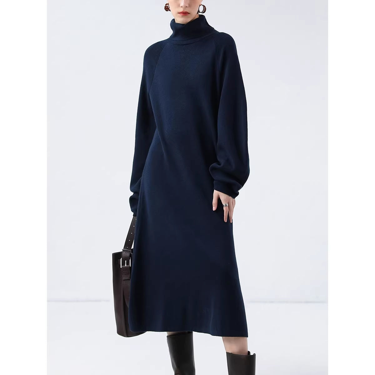 COCOBELLA_Cozy_Knit_Office_H_Lantern_Sleeve_High_Neck_Loose_Waist_Midnight_Blue_Dresses_MISSTT