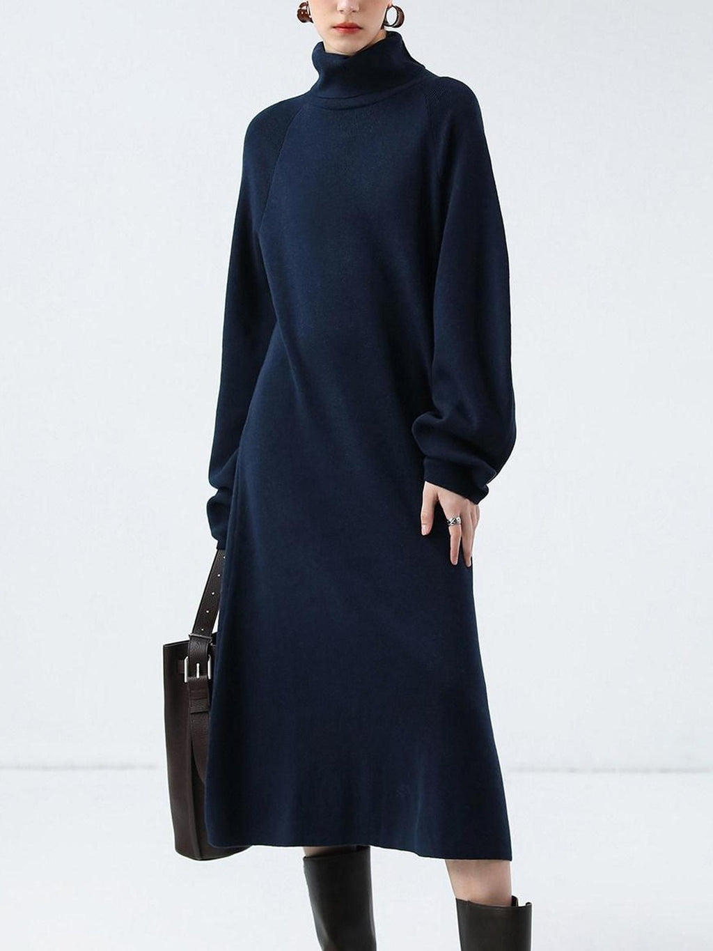 COCOBELLA Cozy Knit Office H Lantern Sleeve High Neck Loose Waist Midnight Blue Dresses
