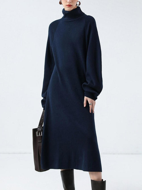 COCOBELLA Cozy Knit Office H Lantern Sleeve High Neck Loose Waist Midnight Blue Dresses
