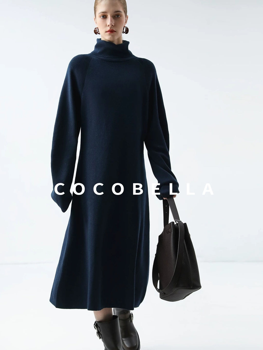 COCOBELLA Cozy Knit Office H Lantern Sleeve High Neck Loose Waist Midnight Blue Dresses