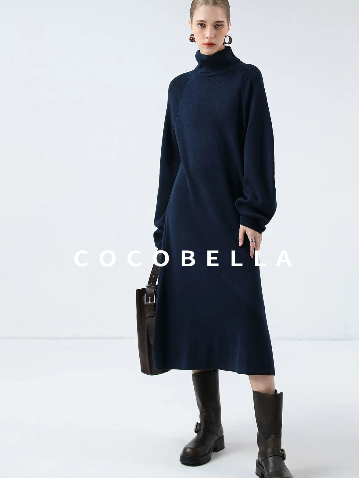 COCOBELLA Cozy Knit Office H Lantern Sleeve High Neck Loose Waist Midnight Blue Dresses