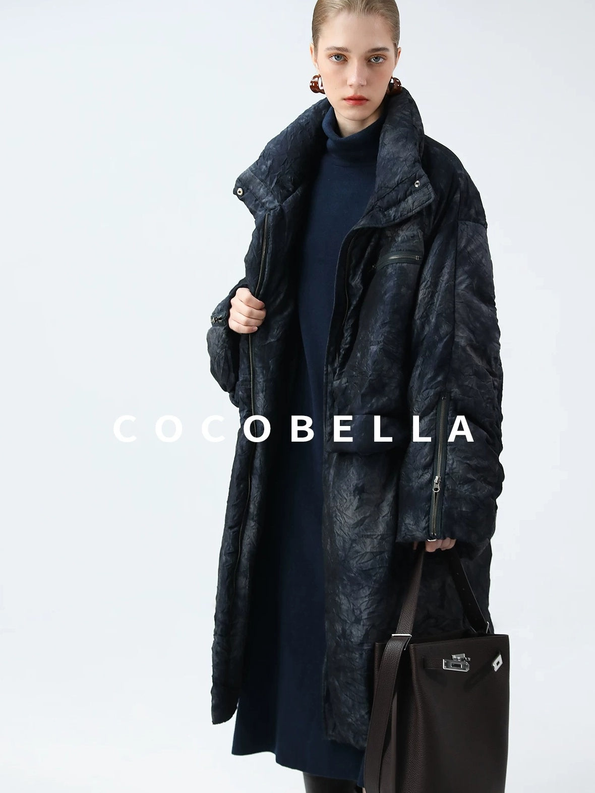 COCOBELLA Cozy Knit Office H Lantern Sleeve High Neck Loose Waist Midnight Blue Dresses