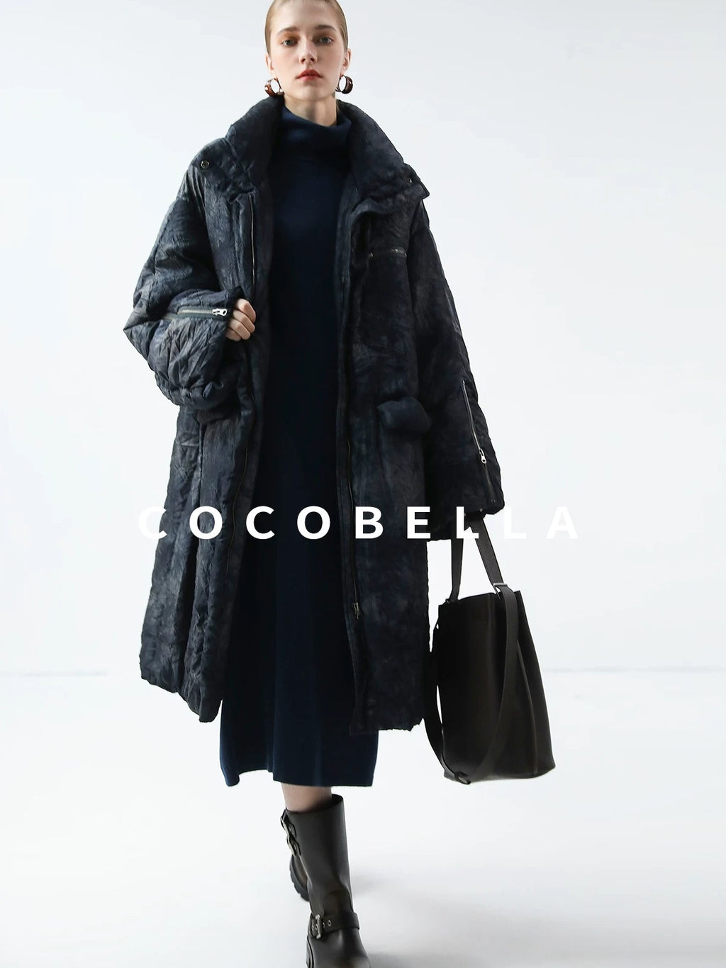 COCOBELLA Cozy Knit Office H Lantern Sleeve High Neck Loose Waist Midnight Blue Dresses