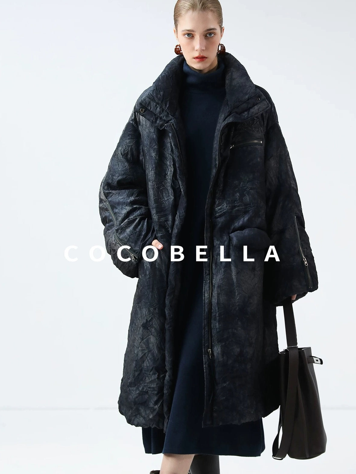 COCOBELLA Cozy Knit Office H Lantern Sleeve High Neck Loose Waist Midnight Blue Dresses