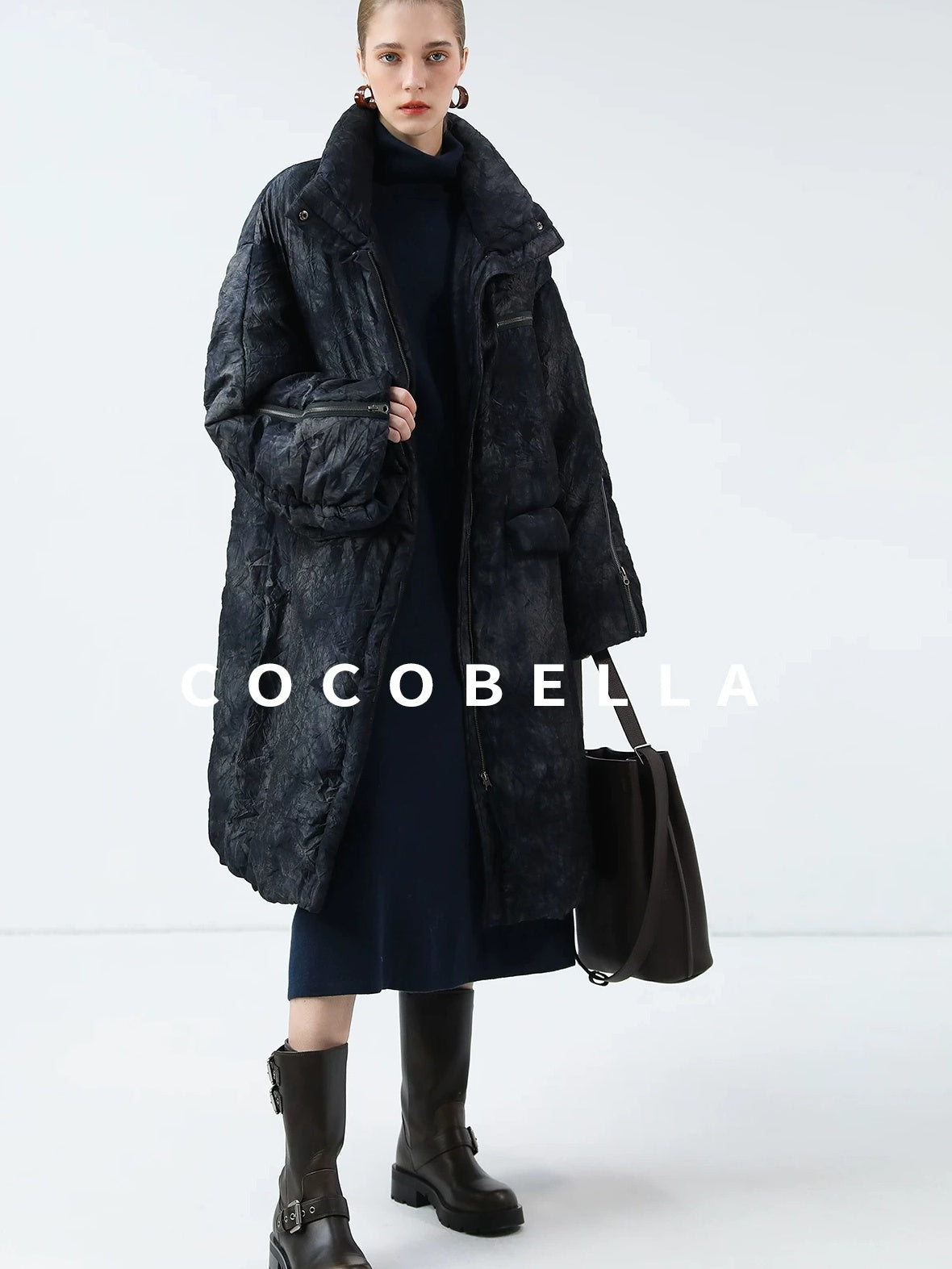 COCOBELLA Cozy Knit Office H Lantern Sleeve High Neck Loose Waist Midnight Blue Dresses