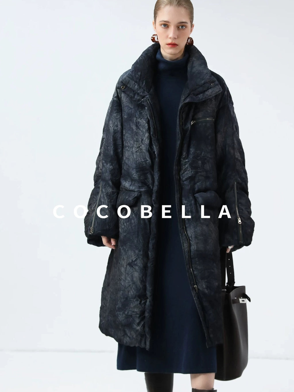 COCOBELLA Cozy Knit Office H Lantern Sleeve High Neck Loose Waist Midnight Blue Dresses