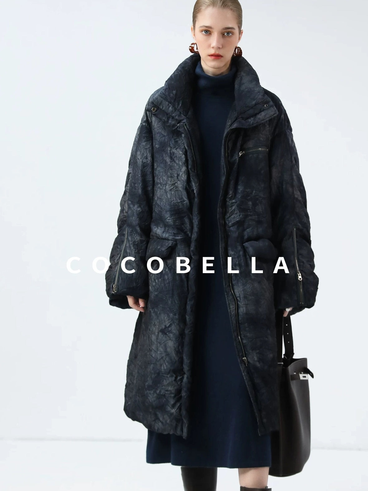 COCOBELLA Cozy Knit Office H Lantern Sleeve High Neck Loose Waist Midnight Blue Dresses