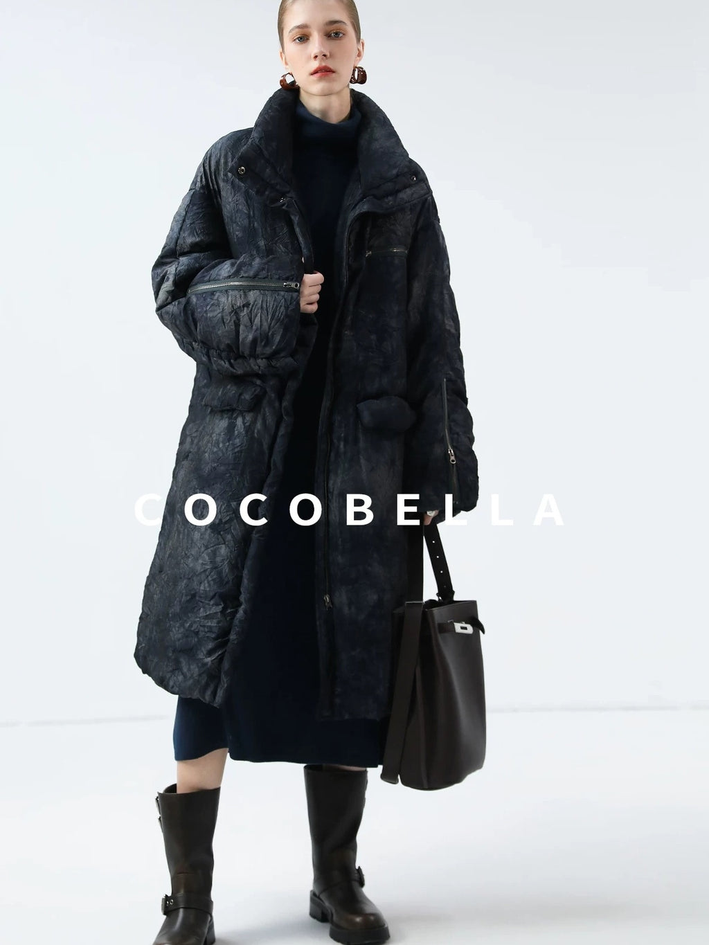 COCOBELLA Cozy Knit Office H Lantern Sleeve High Neck Loose Waist Midnight Blue Dresses