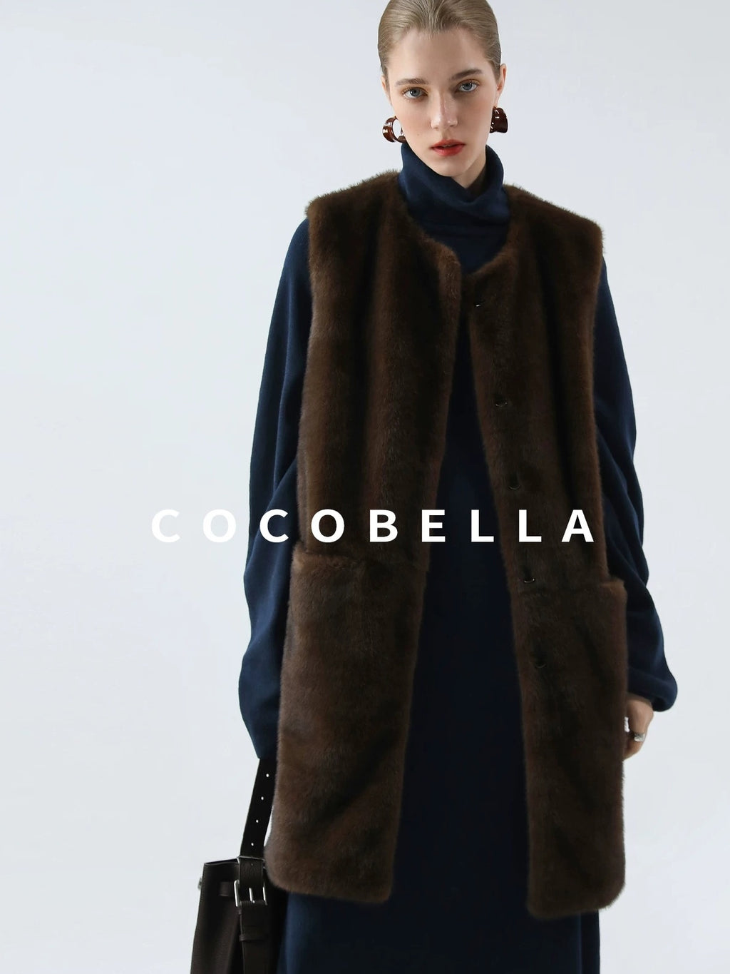 COCOBELLA Cozy Knit Office H Lantern Sleeve High Neck Loose Waist Midnight Blue Dresses