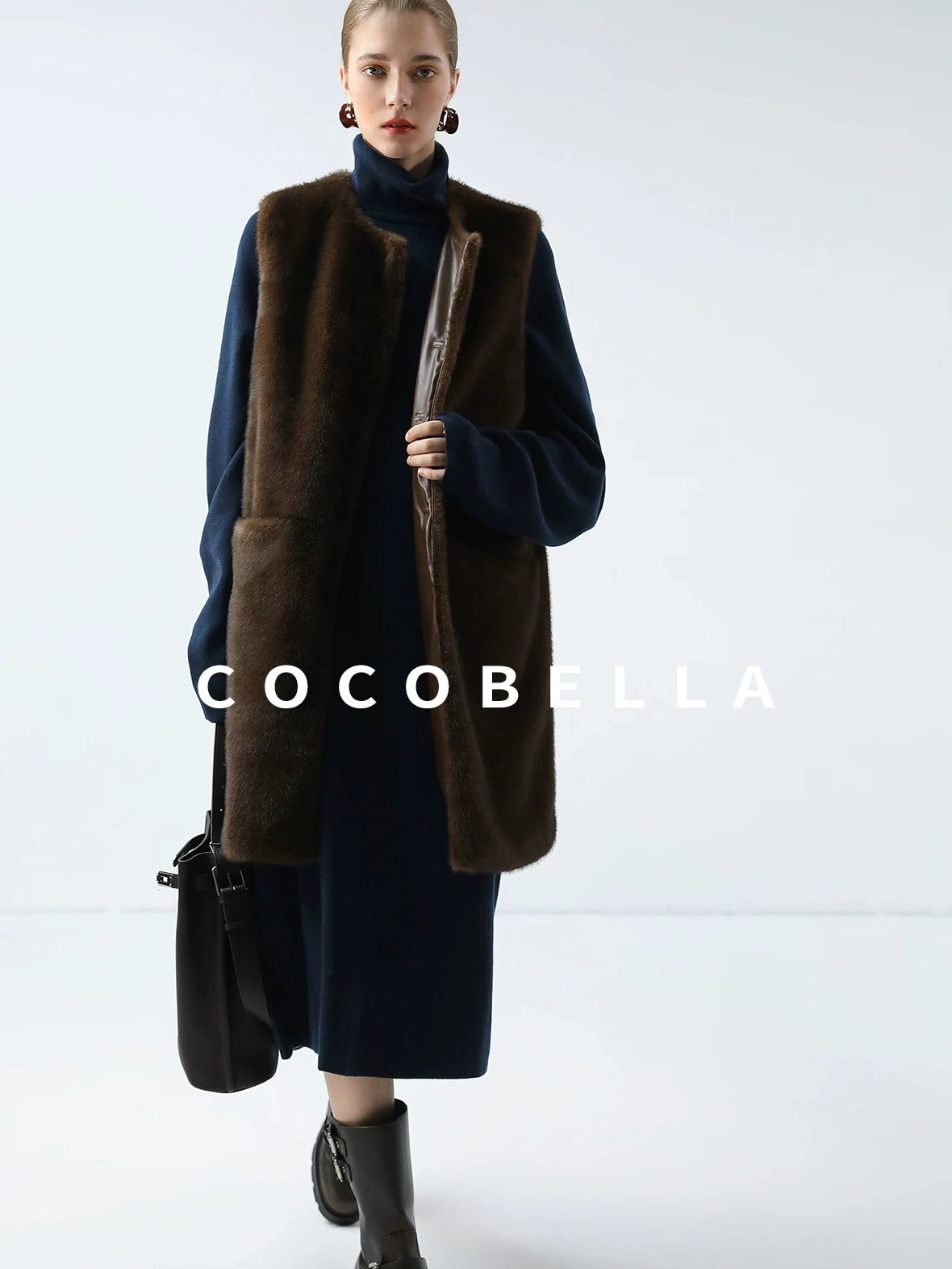 COCOBELLA Cozy Knit Office H Lantern Sleeve High Neck Loose Waist Midnight Blue Dresses