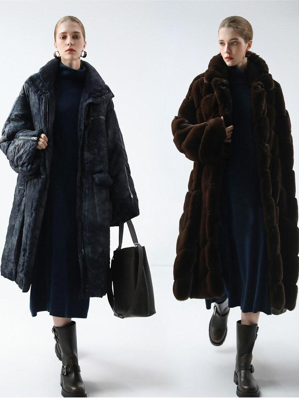 COCOBELLA Cozy Knit Office H Lantern Sleeve High Neck Loose Waist Midnight Blue Dresses