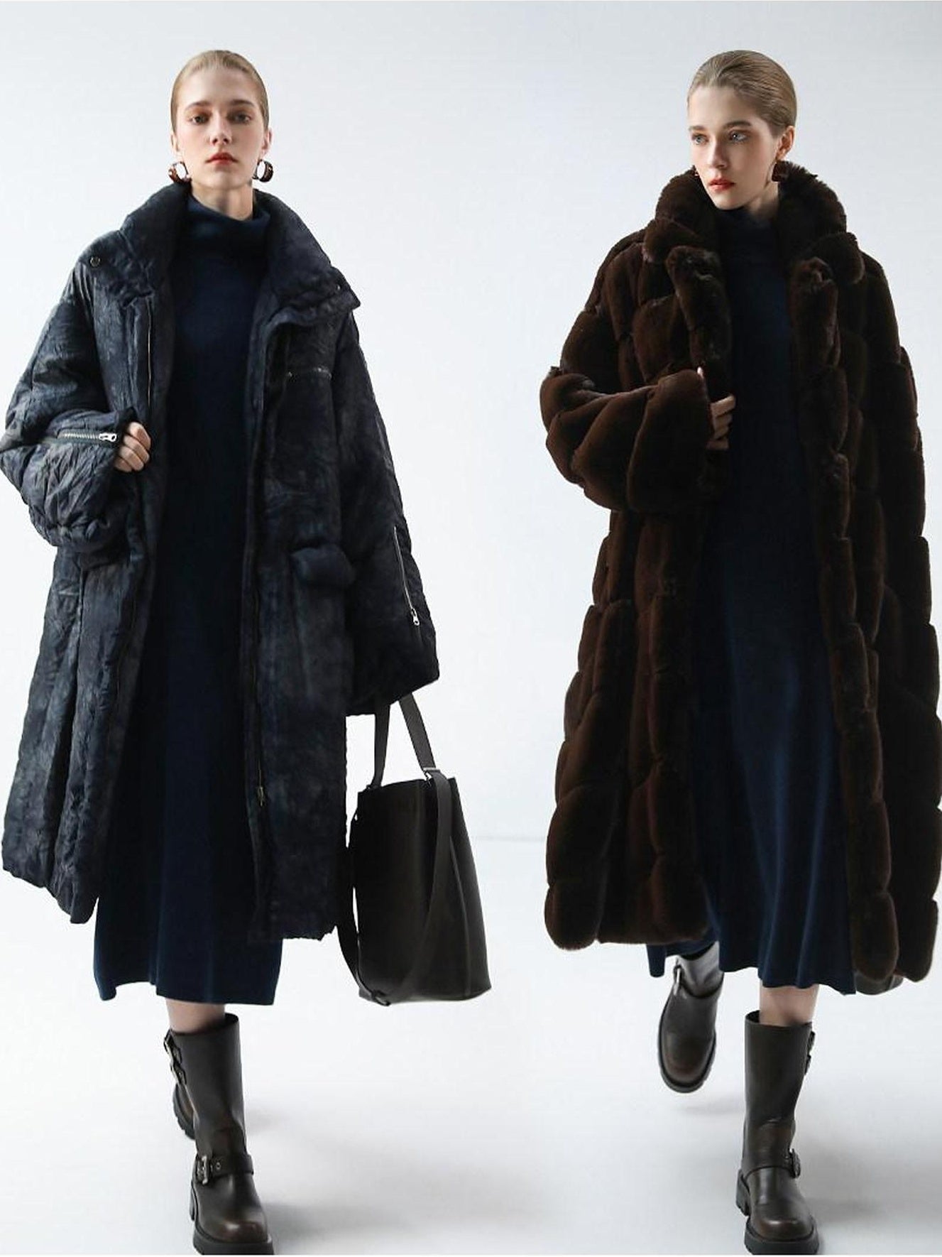 COCOBELLA Cozy Knit Office H Lantern Sleeve High Neck Loose Waist Midnight Blue Dresses