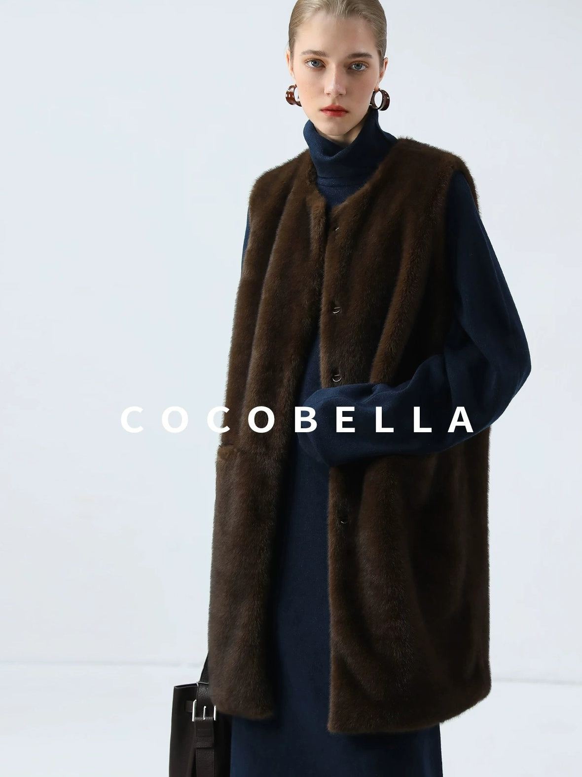 COCOBELLA Cozy Knit Office H Lantern Sleeve High Neck Loose Waist Midnight Blue Dresses