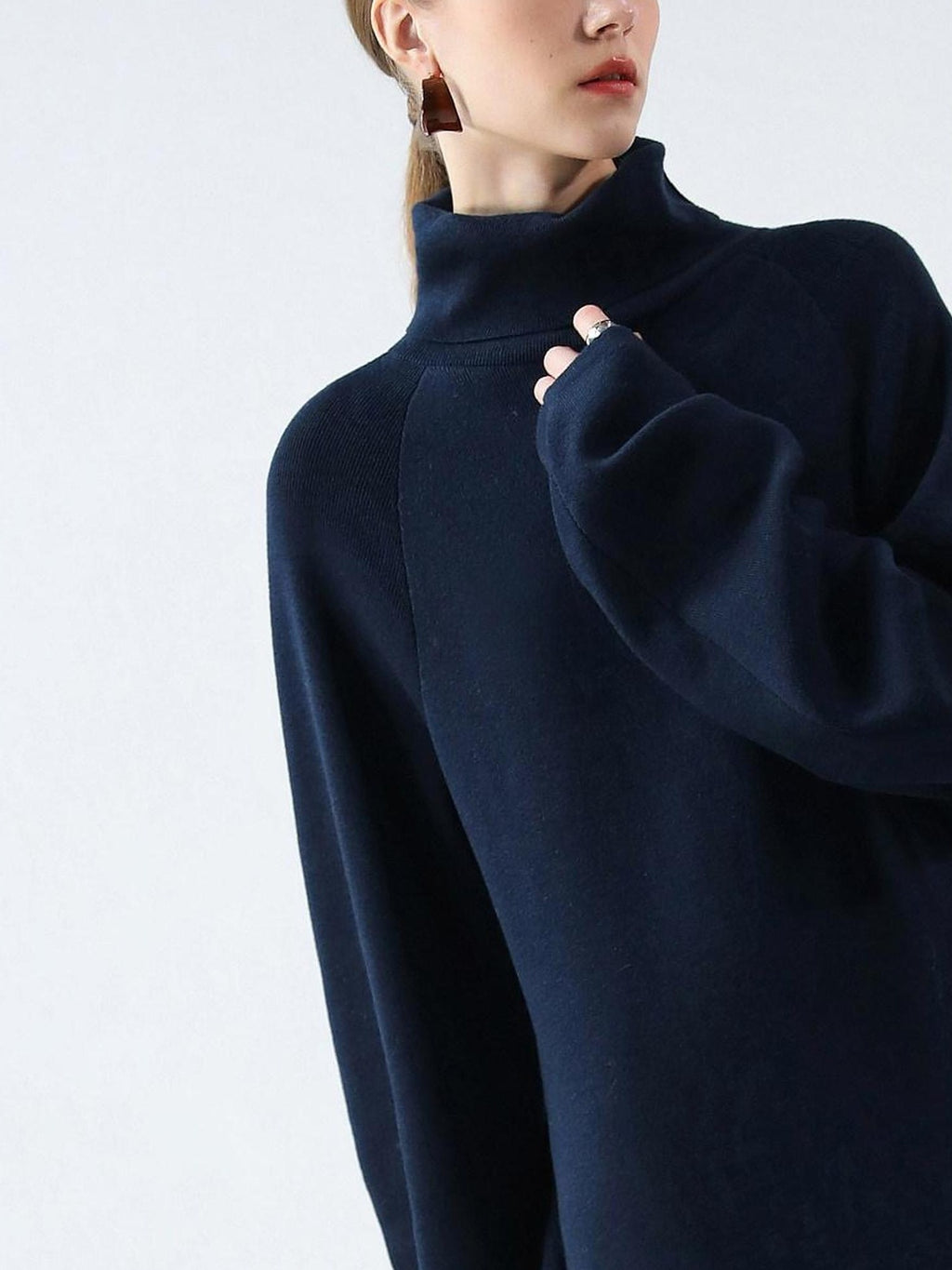 COCOBELLA Cozy Knit Office H Lantern Sleeve High Neck Loose Waist Midnight Blue Dresses