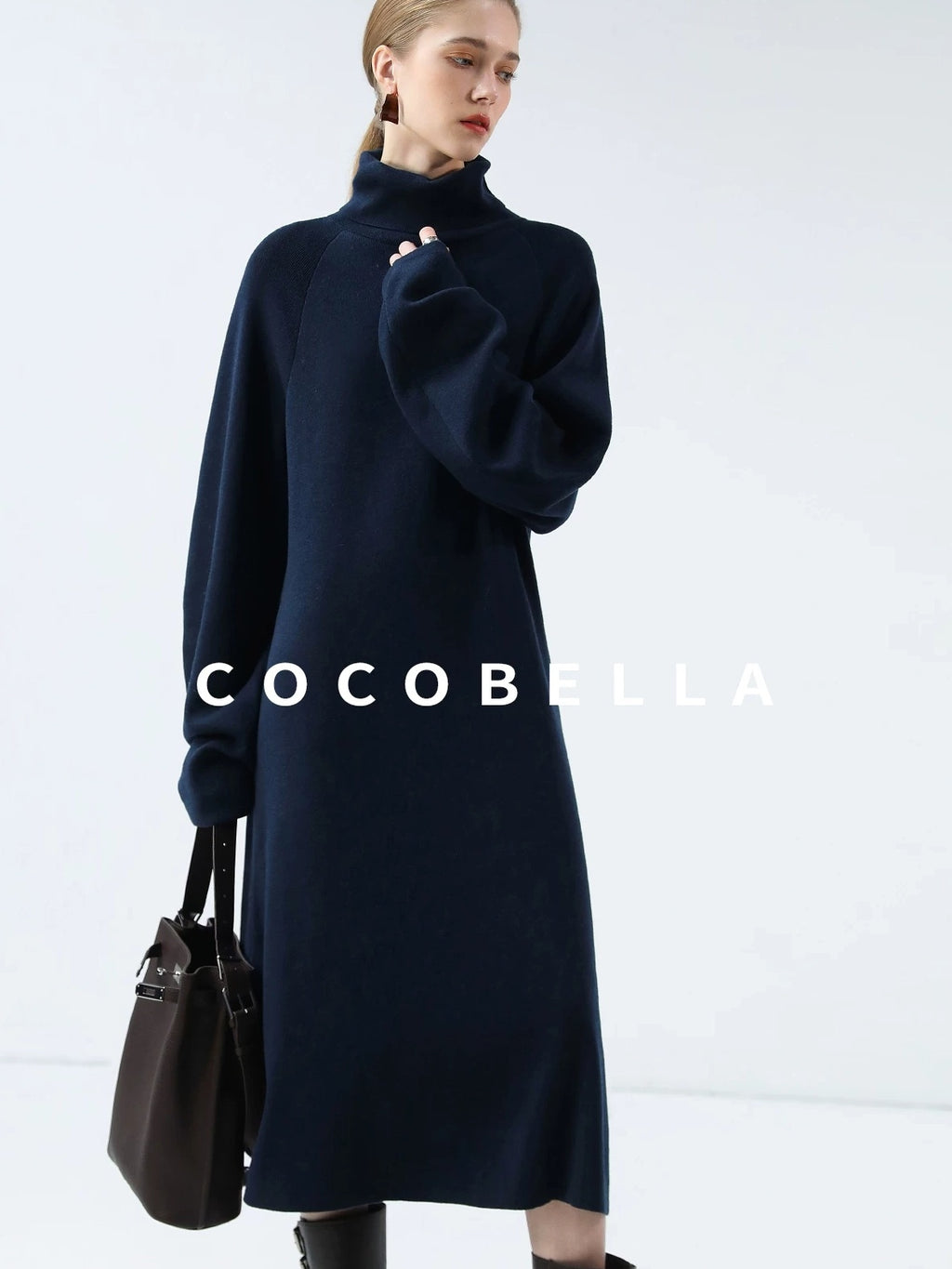 COCOBELLA Cozy Knit Office H Lantern Sleeve High Neck Loose Waist Midnight Blue Dresses