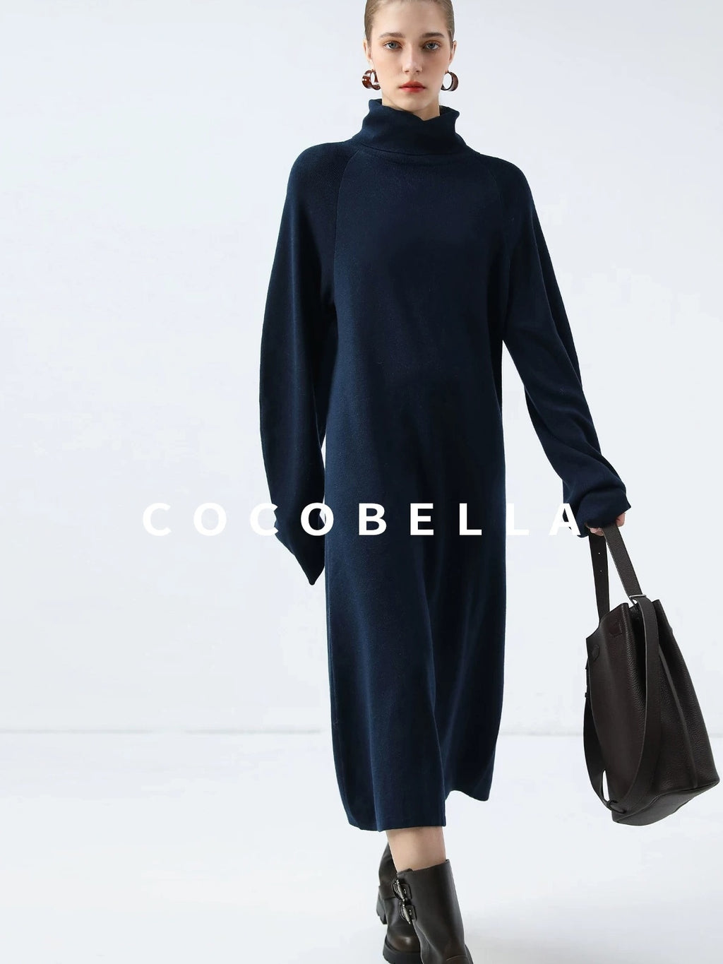 COCOBELLA Cozy Knit Office H Lantern Sleeve High Neck Loose Waist Midnight Blue Dresses