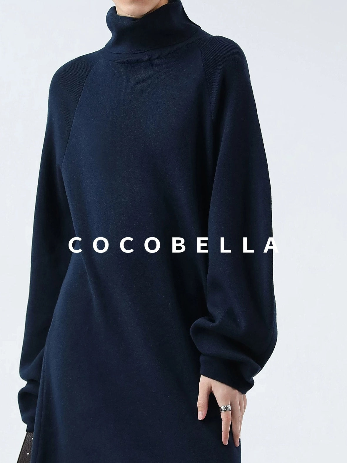 COCOBELLA Cozy Knit Office H Lantern Sleeve High Neck Loose Waist Midnight Blue Dresses
