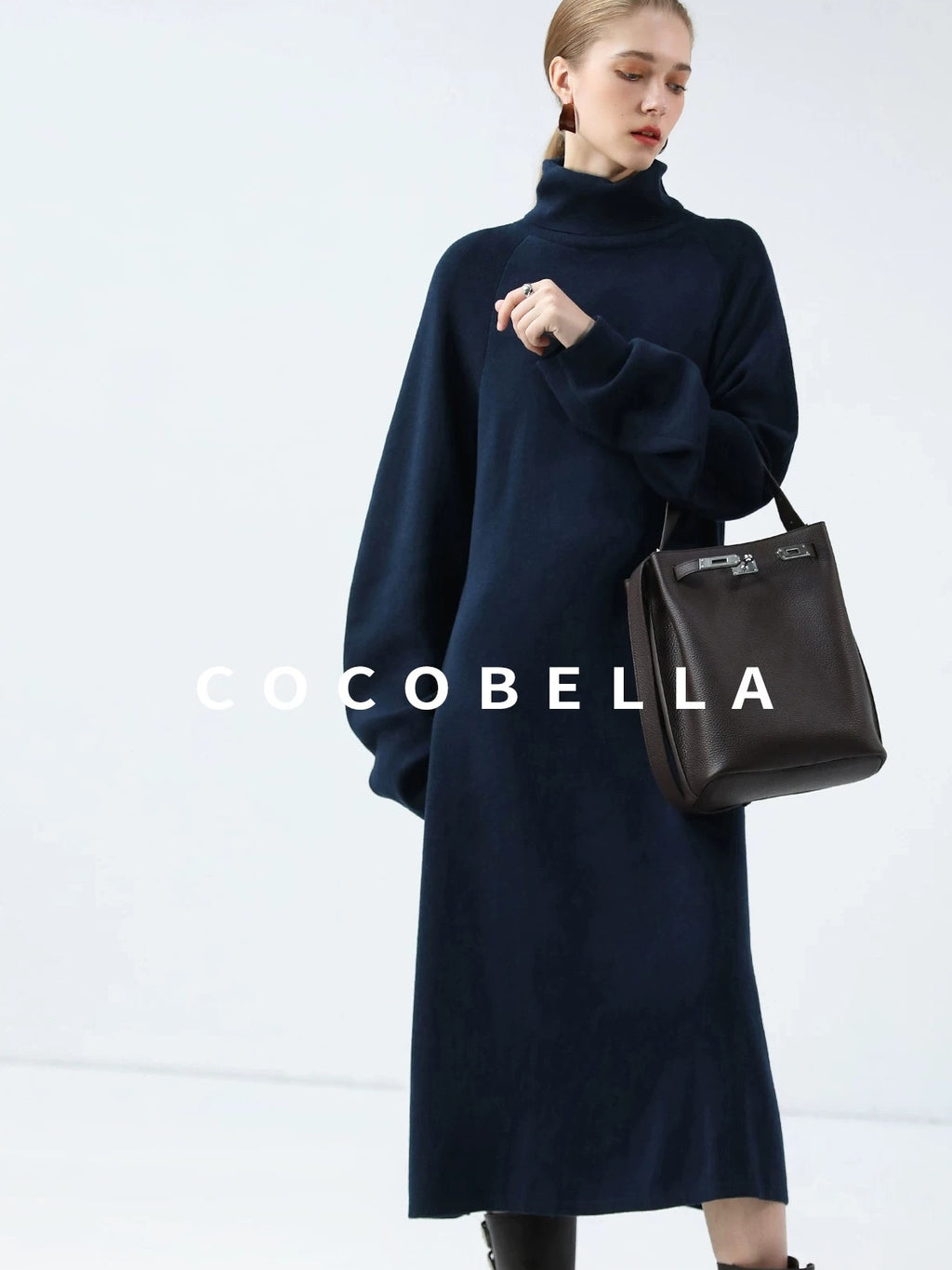 COCOBELLA Cozy Knit Office H Lantern Sleeve High Neck Loose Waist Midnight Blue Dresses