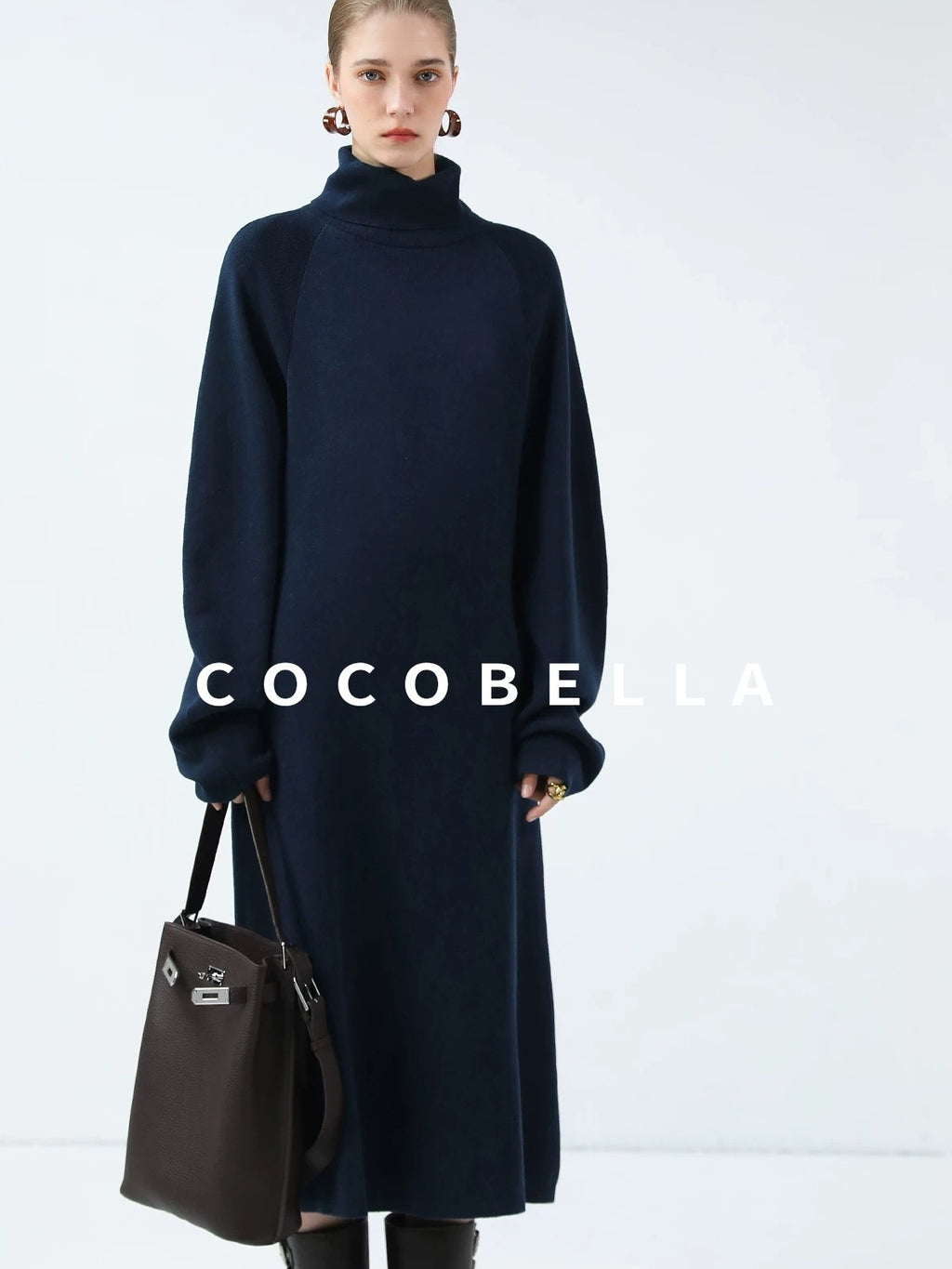 COCOBELLA Cozy Knit Office H Lantern Sleeve High Neck Loose Waist Midnight Blue Dresses