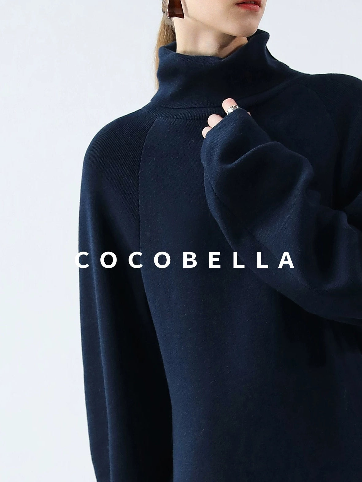 COCOBELLA Cozy Knit Office H Lantern Sleeve High Neck Loose Waist Midnight Blue Dresses