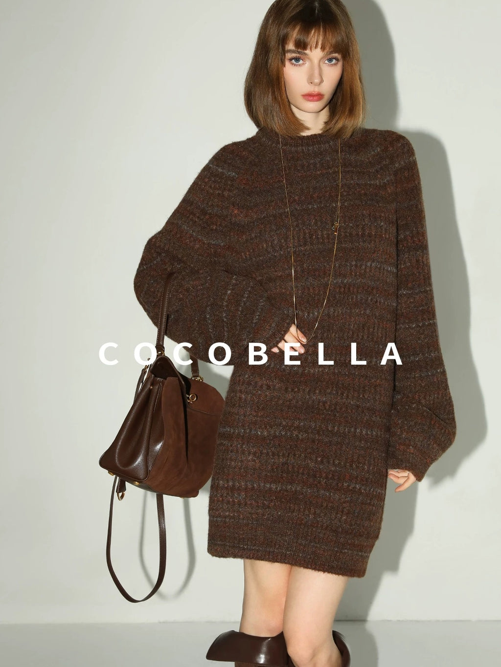 COCOBELLA Cozy Knit Relaxed O Shape Long Sleeve Round Neck Coffee Floral Dresses