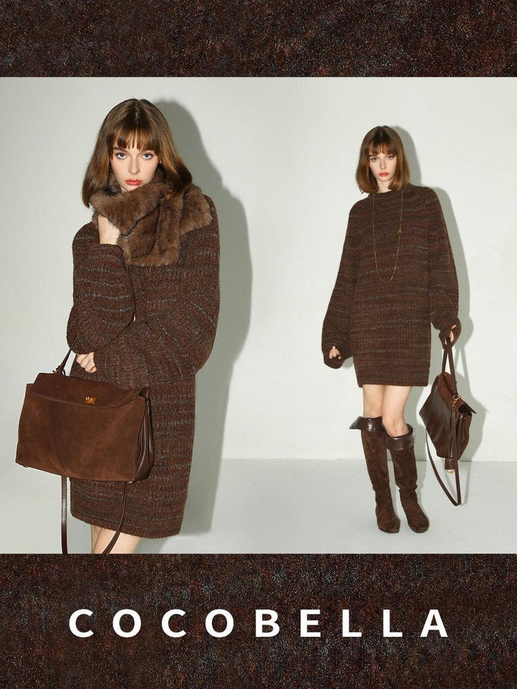 COCOBELLA Cozy Knit Relaxed O Shape Long Sleeve Round Neck Coffee Floral Dresses