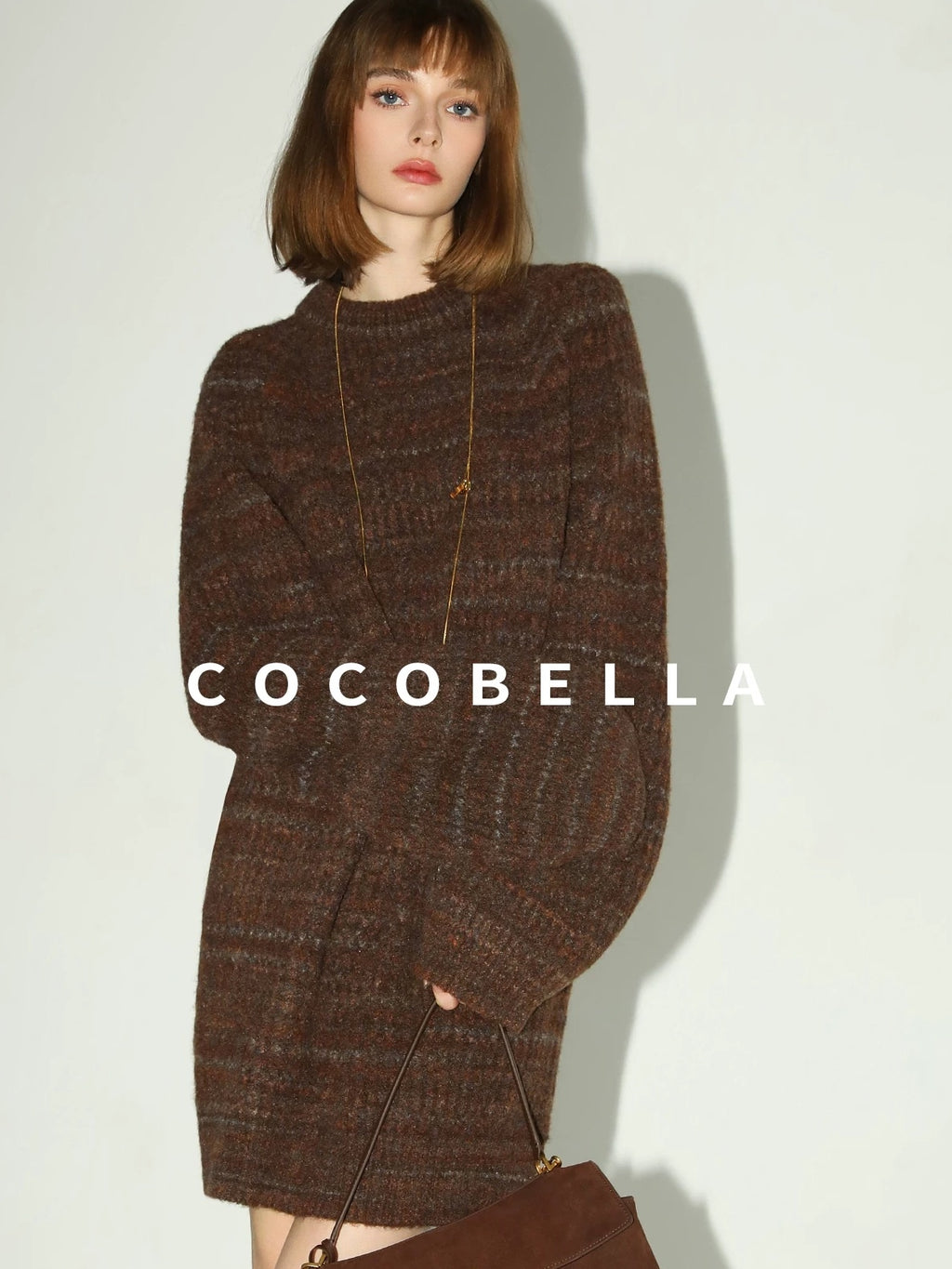 COCOBELLA Cozy Knit Relaxed O Shape Long Sleeve Round Neck Coffee Floral Dresses