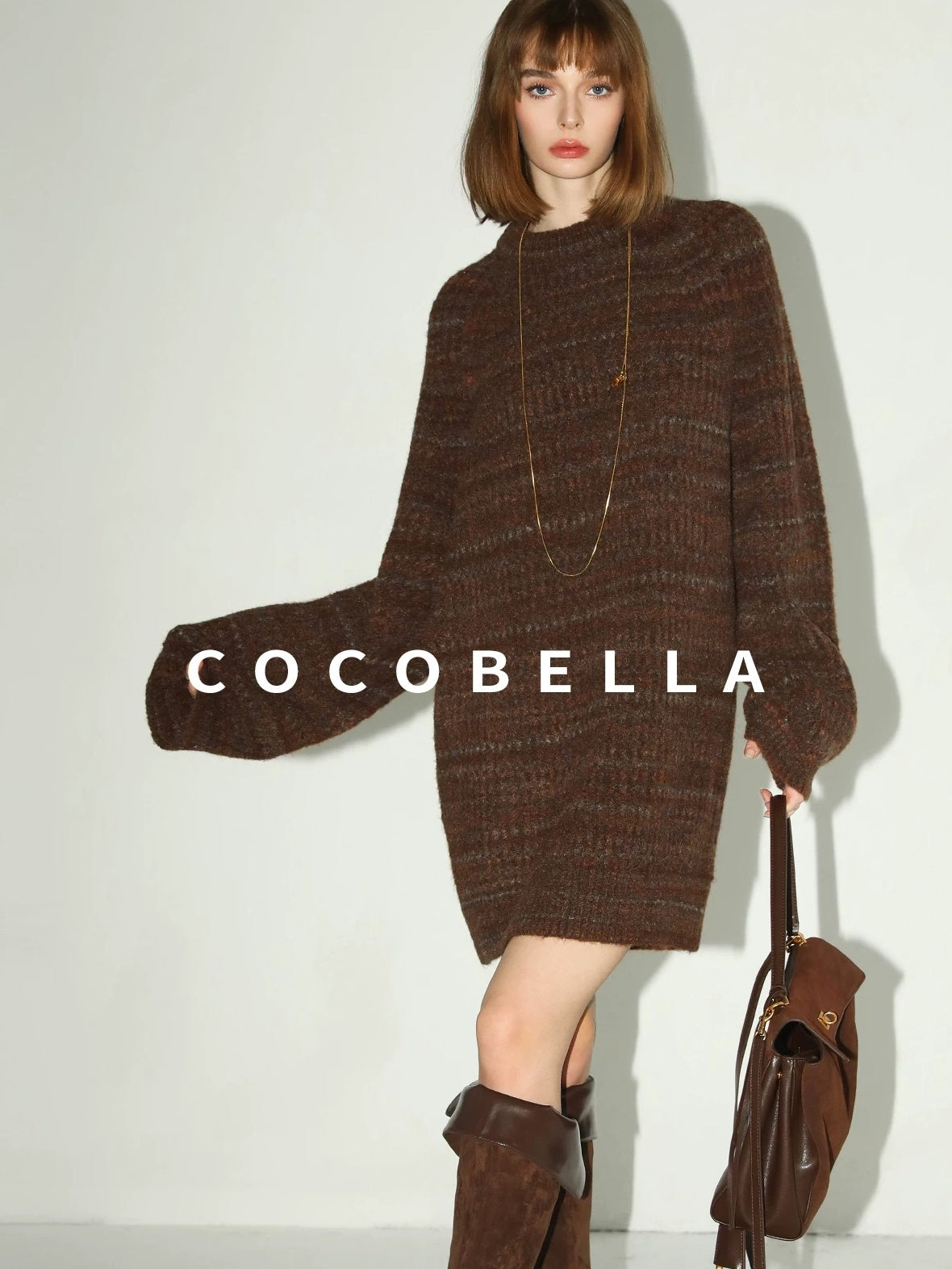 COCOBELLA Cozy Knit Relaxed O Shape Long Sleeve Round Neck Coffee Floral Dresses