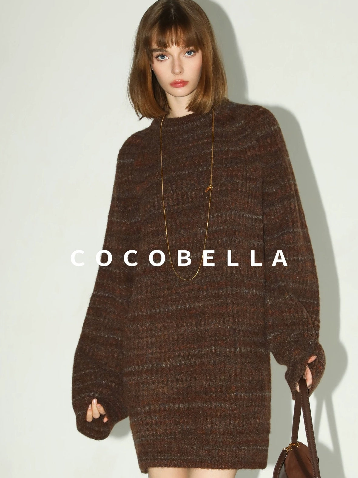 COCOBELLA Cozy Knit Relaxed O Shape Long Sleeve Round Neck Coffee Floral Dresses