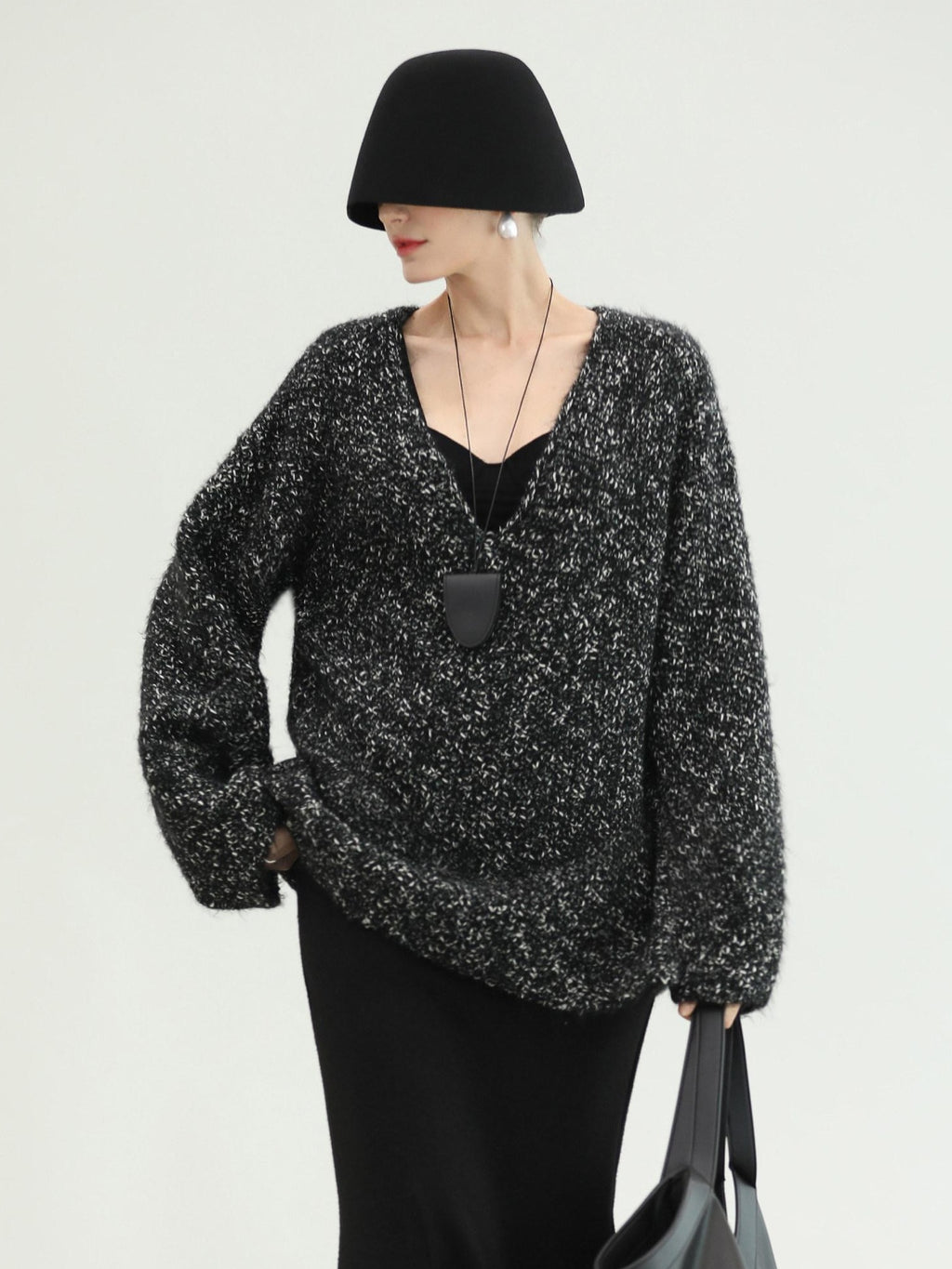 COCOBELLA Cozy Metallic V Neck Loose Mid Length Workwear Knit Panda Color Sweater