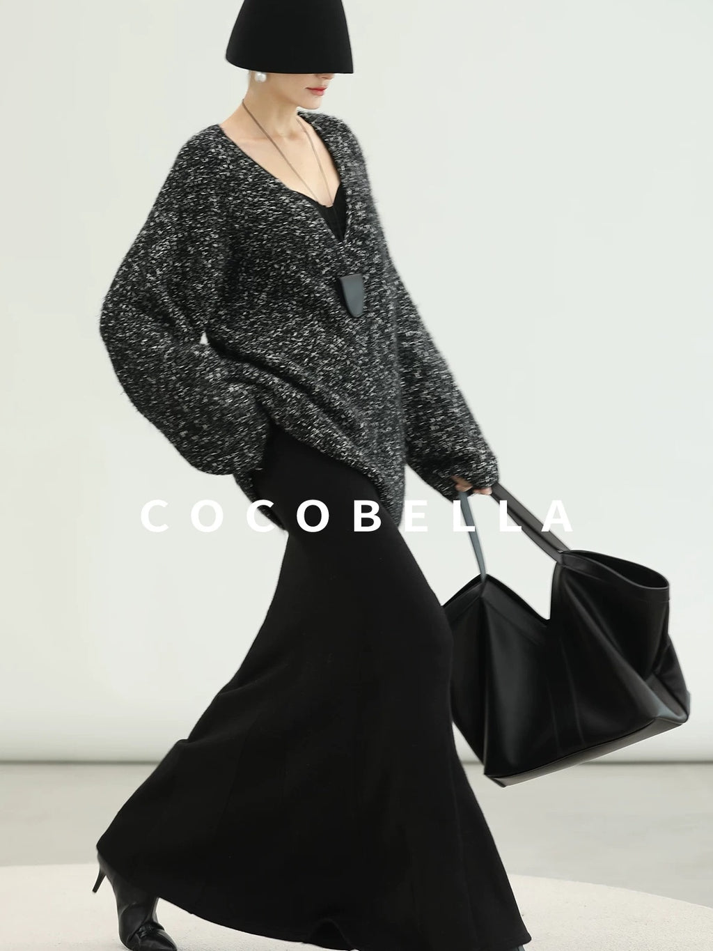 COCOBELLA Cozy Metallic V Neck Loose Mid Length Workwear Knit Panda Color Sweater