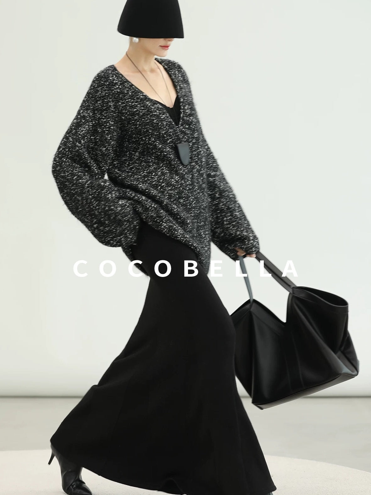 COCOBELLA Cozy Metallic V Neck Loose Mid Length Workwear Knit Panda Color Sweater