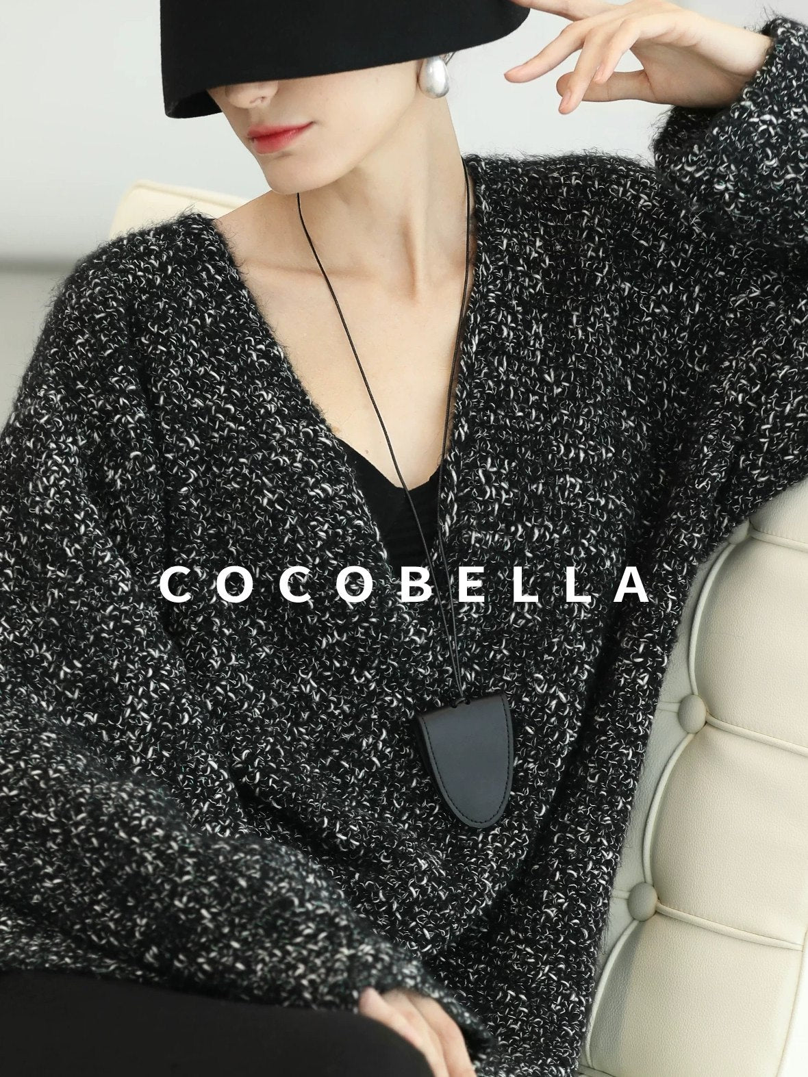 COCOBELLA Cozy Metallic V Neck Loose Mid Length Workwear Knit Panda Color Sweater