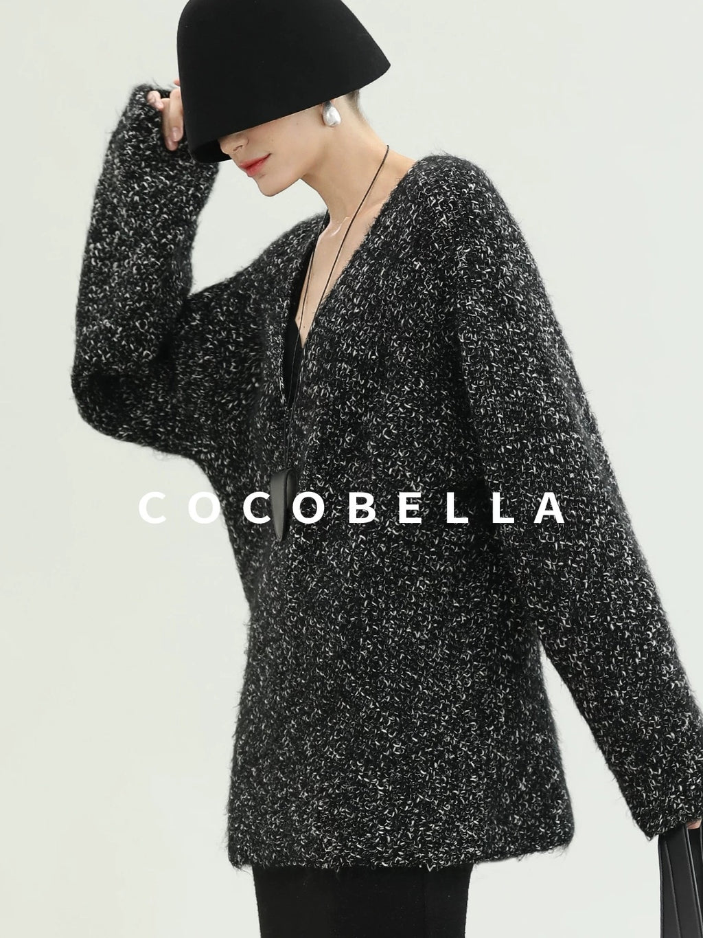 COCOBELLA Cozy Metallic V Neck Loose Mid Length Workwear Knit Panda Color Sweater