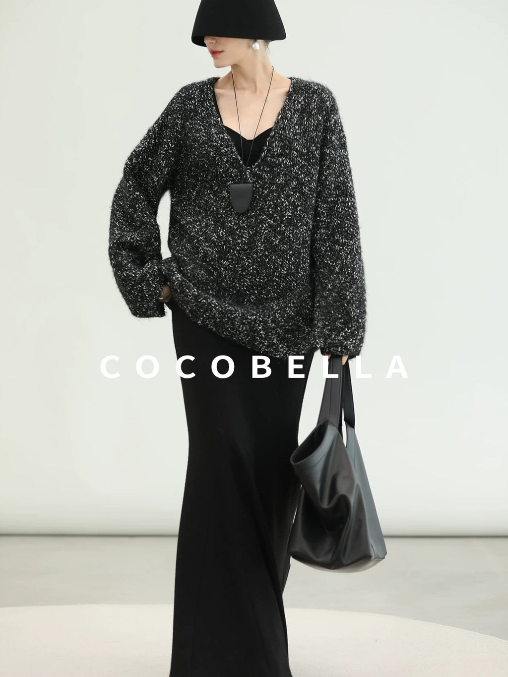 COCOBELLA Cozy Metallic V Neck Loose Mid Length Workwear Knit Panda Color Sweater