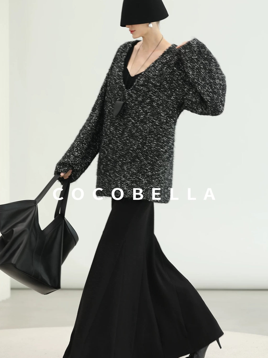 COCOBELLA Cozy Metallic V Neck Loose Mid Length Workwear Knit Panda Color Sweater